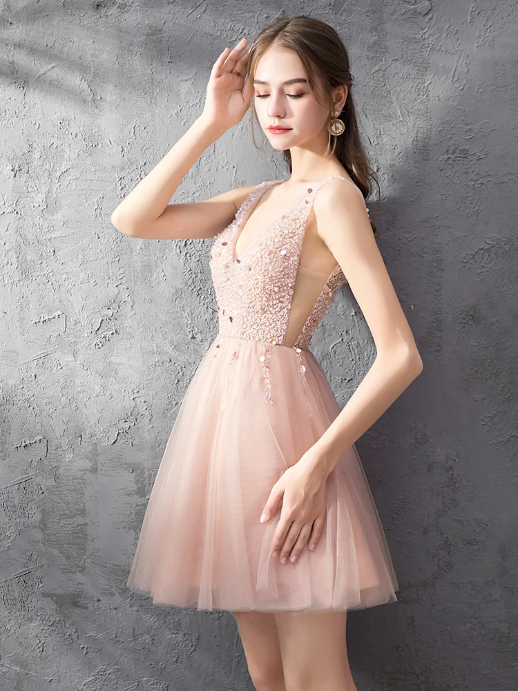 Ladybeauty/сексуальное короткое вечернее платье с v-образным вырезом, украшенное бисером, Новое поступление года, блестящие прозрачные платья для выпускного вечера с открытой спиной