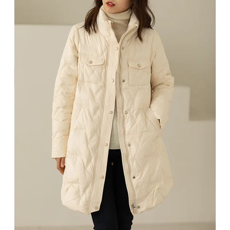 Mid-length White Duck Down Jacket 2021 Winter New Fashion Stand-up Collar Solid Color Western-style All-match Jacket
