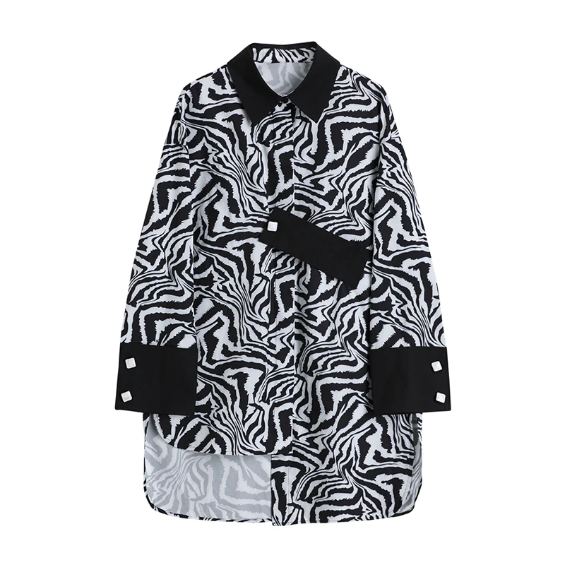 

Women's shirt mid-length loose long-sleeved zebra print shirt women