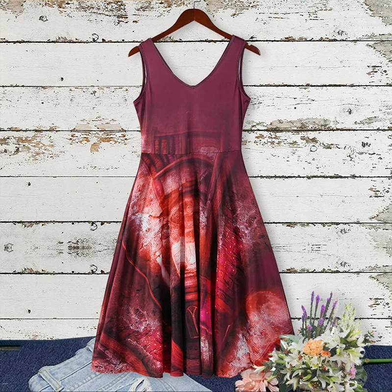 Halloween Dress Women Gothic Sleeveless Big Swing Dresses Female Punk Sexy V-neck Dress VESTIDO