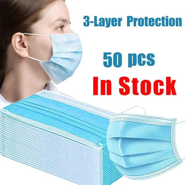 US $25.84  50PCs 3 Layers Filter Face Mask Disposable Non Woven Anti Dust Spray Flu Virus Gas Antivirus Protec