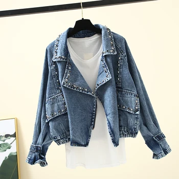 

Harajuku Denim Jacket Women Korean Fashion Zipper Rivets Vintage Motorcycle Jacket Casual Loose Jeans Coat Women Streetwear G196