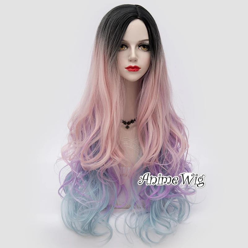 Pink Purple Косплей микс Аниме Косплей 75 см многоцветный Омбре длинные кудрявые Хэллоуин Рождество синтетический парик+ шапка - Цвет: Pink Purple