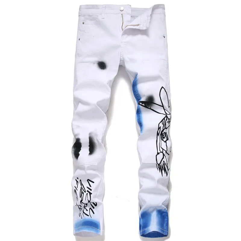 

Digital Printing Men's Jeans Slim Stretch Pencil Pants White Casual Trousers 2020 Autumn Handsome Men's Clothing
