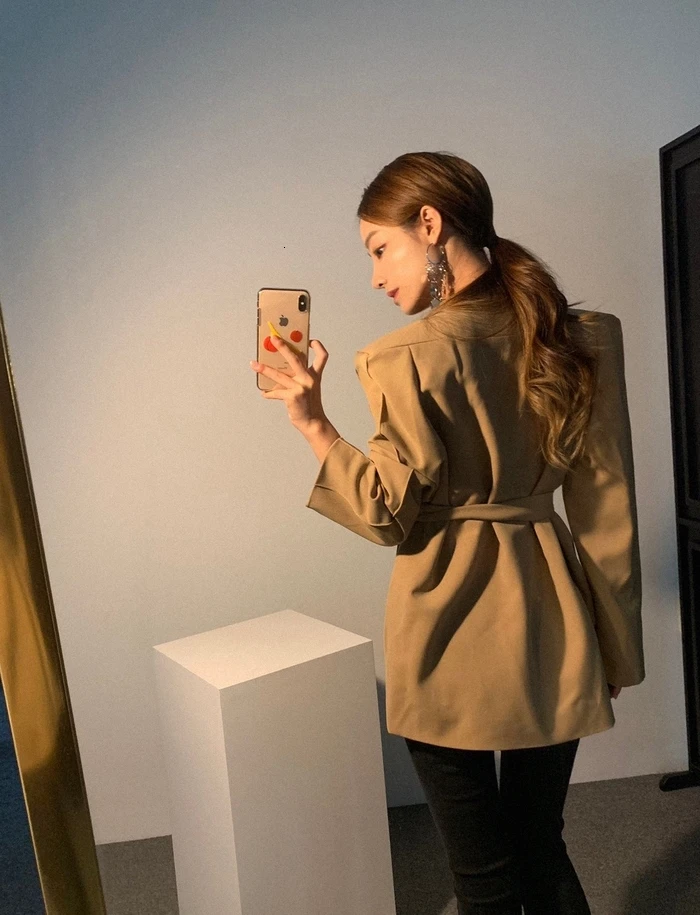 Korean Fashion Women Office Work Blazers Brown Black Solid Color Belted Slim Blazer Coat