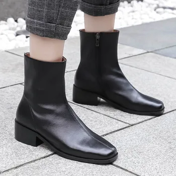 

YMECHIC Black Milky Square Toe Medium Heels Genuine Leather Ankle Boots for Women Ladies Block Heel Shoes Bootie Winter 2018