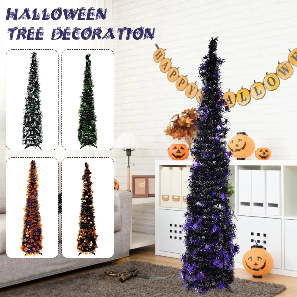 5 Pop Up Halloween Christmas Slim Tree Collapsible with Easy-Assembly Stand for Xmas Halloween Holiday Home Office Black Tinsel Trees with Glitter Round Sequins Classroom Party Display