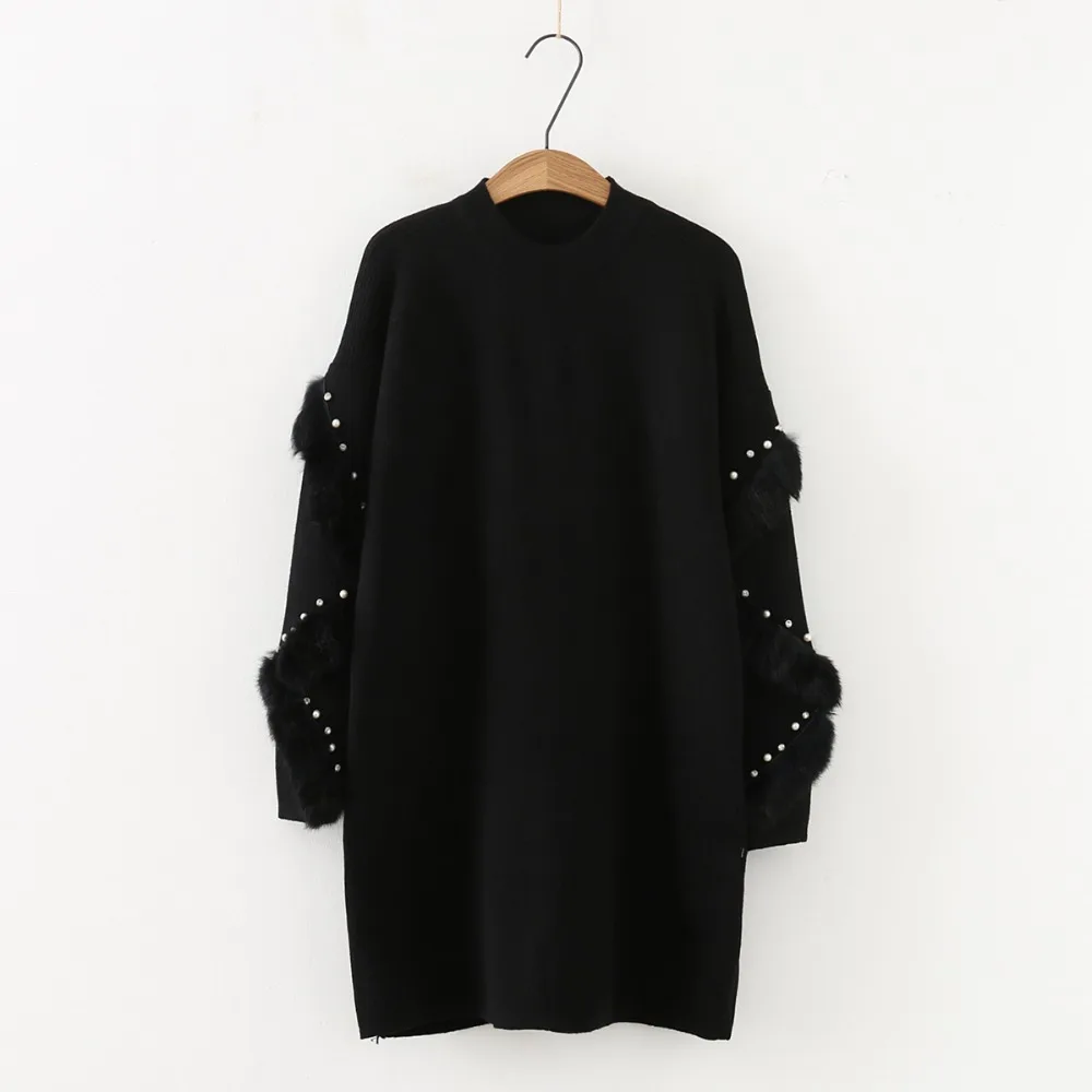 New Winter Long Sweaters Women Casual Loose Pullover Jumpers Real Rabbit Fur Sweater pull femme beading Pearl turtleneck jumper