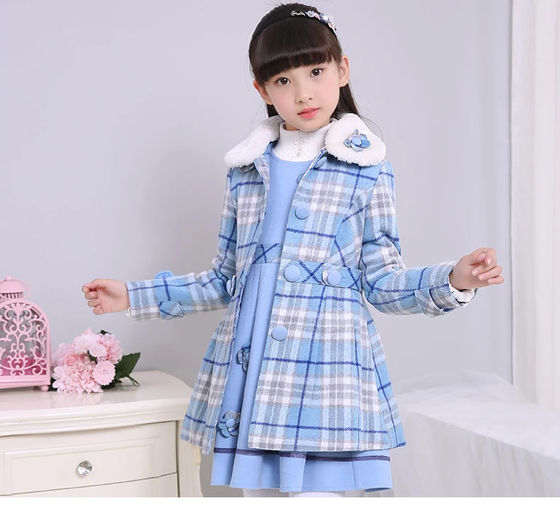 blue coat and dress Специальное предложение, Детская шерстяная одежда костюм из 2 предметов осенне-зимний плащ для девочек клетчатое платье-жилет комплект детской шерстяной одежды, X486 - Цвет: blue coat and dress
