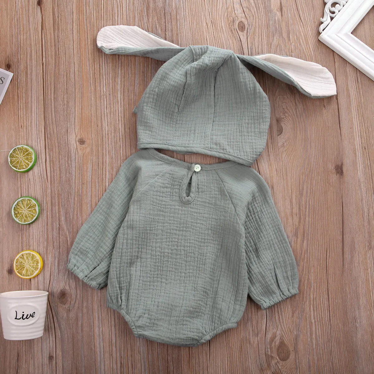 Милая Одежда для новорожденных девочек Комбинезон, комбинезон, боди+ шапка с заячьими ушами, комплект для детей от 0 до 24 месяцев