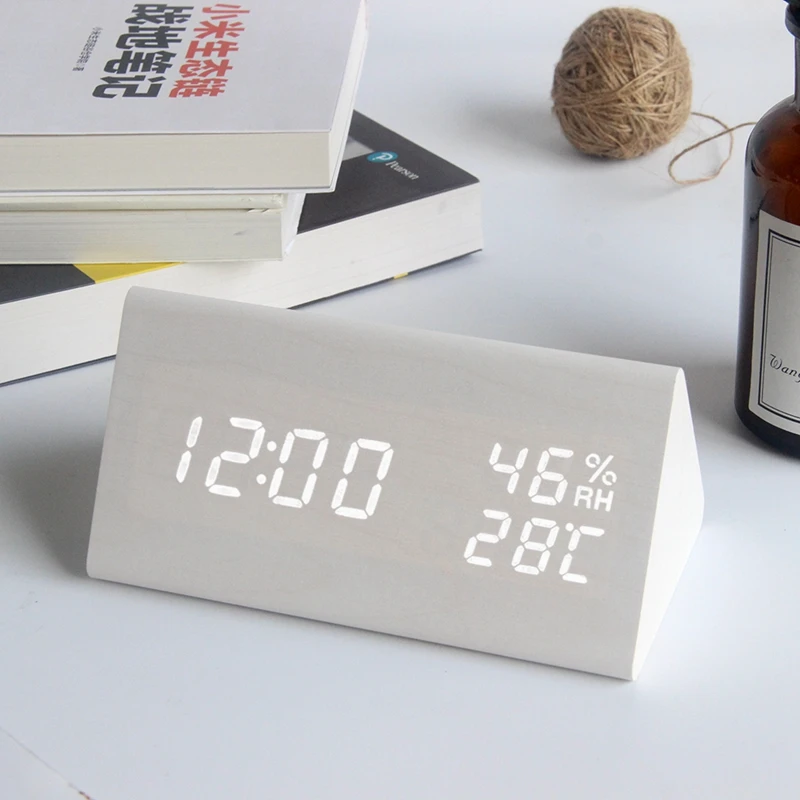  JULY'S SONG Digital Wooden Alarm Clock Voice Control Clock LED Temperature Humidity Display Despert