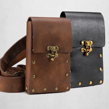 

Men leather Waist Bags Unisex Steampunk Side Bag Small Card Holder Phone Wallet Packs Belt Multifunction Fanny Purse Black
