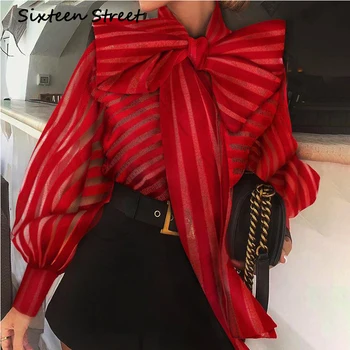 

New Spring Woman striped blouse bow neck long puff sleeve red orange fashion party shirts female summer Ribbon tops