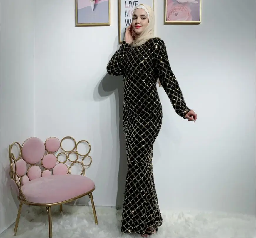 Роскошная Абая для мусульманских женщин платье кафтан блёстки Арабский Дубай, Турция длинные мусульманские платья рыбий хвост женская модная одежда