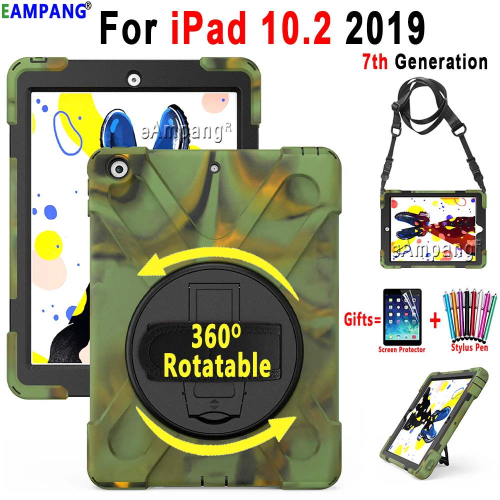 Для Apple iPad 10,2 чехол для iPad 7го поколения A2200 A2198 A2232 A2197 360 Вращающийся чехол Funda с ручным плечевым ремнем