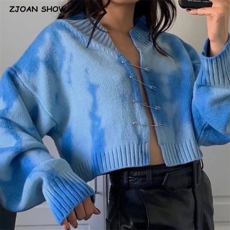 

2020 Korea Style Vintage blue Tie dye Big pin Cardigan Sweater Sexy V neck Long Sleeve Loose Short Jumper Coll girl Streetwear