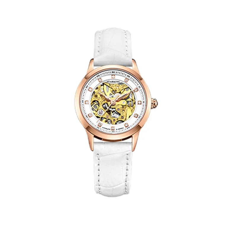 white leather watch STARKING, женские часы, скелет, автоматические механические наручные часы, женский золотой дизайн, женские модные повседневные кожаные часы, Klockor - Цвет: white leather watch