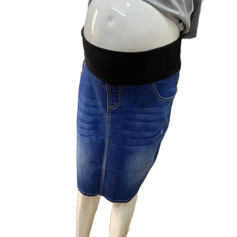 Emotion Moms Women Maternity Denim Skirt High Waist Good Stretch Foldable Waist Band Pregnant Jean Skirt Plus Size S to 4XL