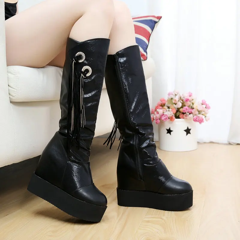 SWONCO Women's Boots Platform Winter New Female Casual Shoes Black Tassel High Heel High Boots For Woman Winter Warm Shoes