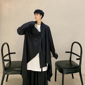 

Men Japan Style Streetwear Gothic Irregular Windbreaker Jacket Kimono Cardigan Male Black Trench Coat Outerwear Stage Clothes