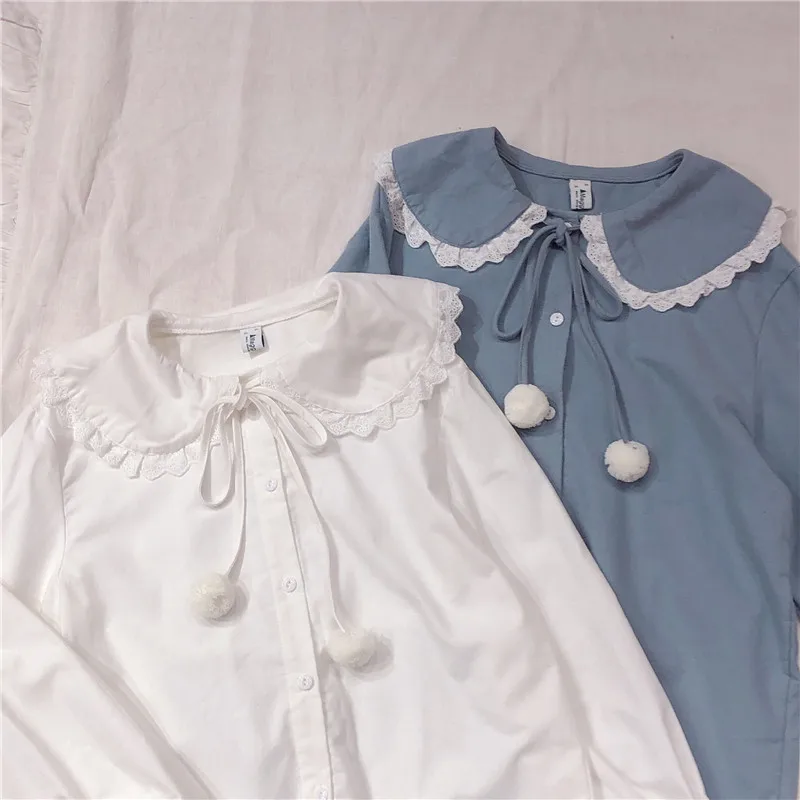 

Kawaii Fashion Flannel Shirt Women Lolita School Girls White Blouse Peter Pan Lace Collar Vintage Cute Sweet Elegant Shirt Tops
