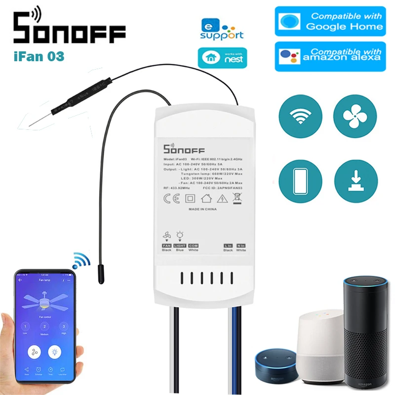 Потолочный вентилятор и светильник SONOFF iFan03 Wi Fi контроллер RM433 дистанционное