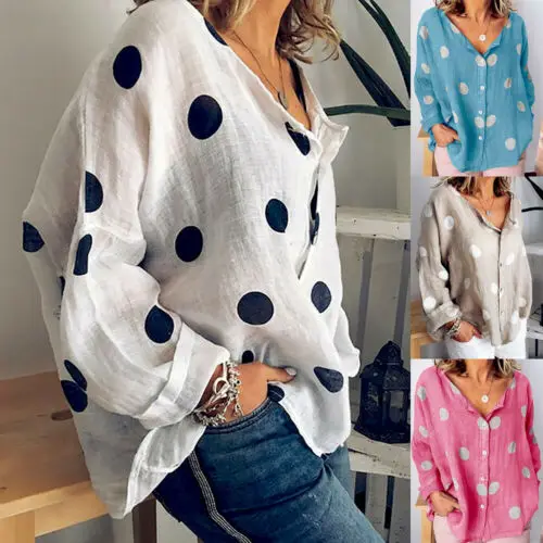 New Women Summer Polka dots Blouse Top Long Sleeve Boho Blouse Loose Baggy Tops Casual Beach Shirts Plus Size 2XL New Women Summer Polka dots Blouse Top Long Sleeve Boho Blouse Loose Baggy Tops Casual Beach Shirts Plus Size 2XL