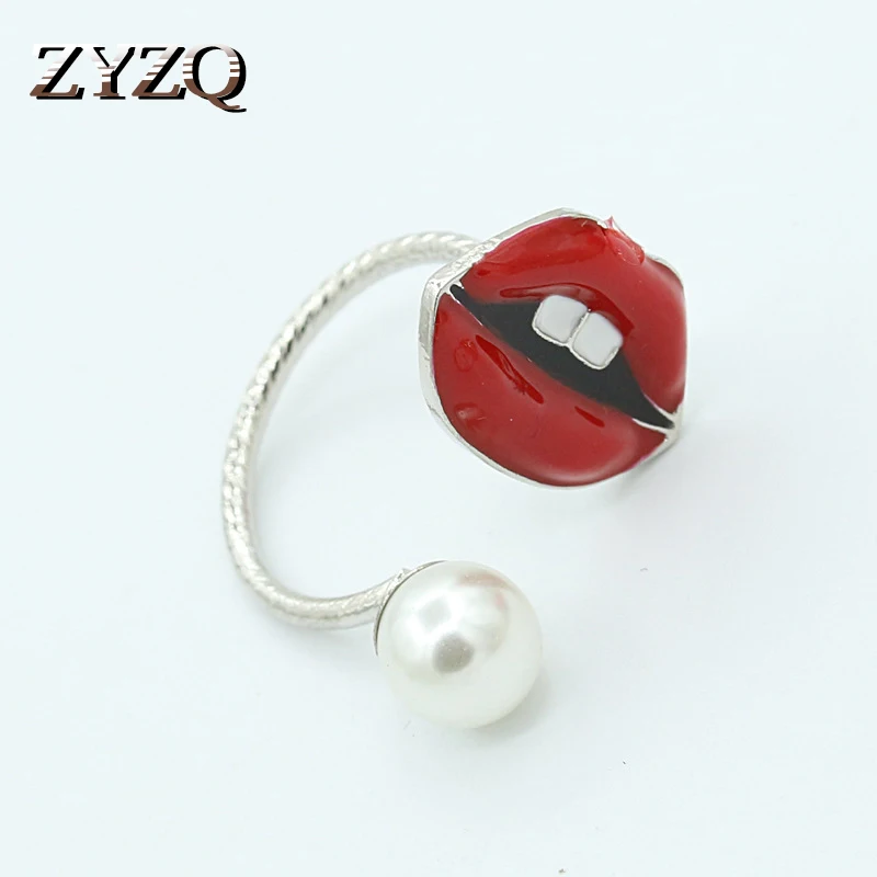 

ZYZQ New Come Hyperbole Red Lip Print Shiny Eye Shaped Open Rings With Simulated Pearl Wholesale Lots&Bulk Yiwu Factory Selling