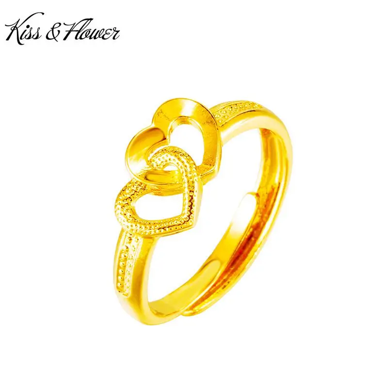 

KISS&FLOWER RI06 Fine Jewelry Wholesale Fashion Hot Woman Girl Birthday Wedding Gift Double Love Heart 24KT Gold Resizable Ring