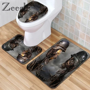 

Zeegle 3D Printed Skull Shower Mat Set 3PCS Bathroom Mat Set Lid Toilet Cover Anti-slip Bathroom Foot Rug Floor Mat Bath Doormat