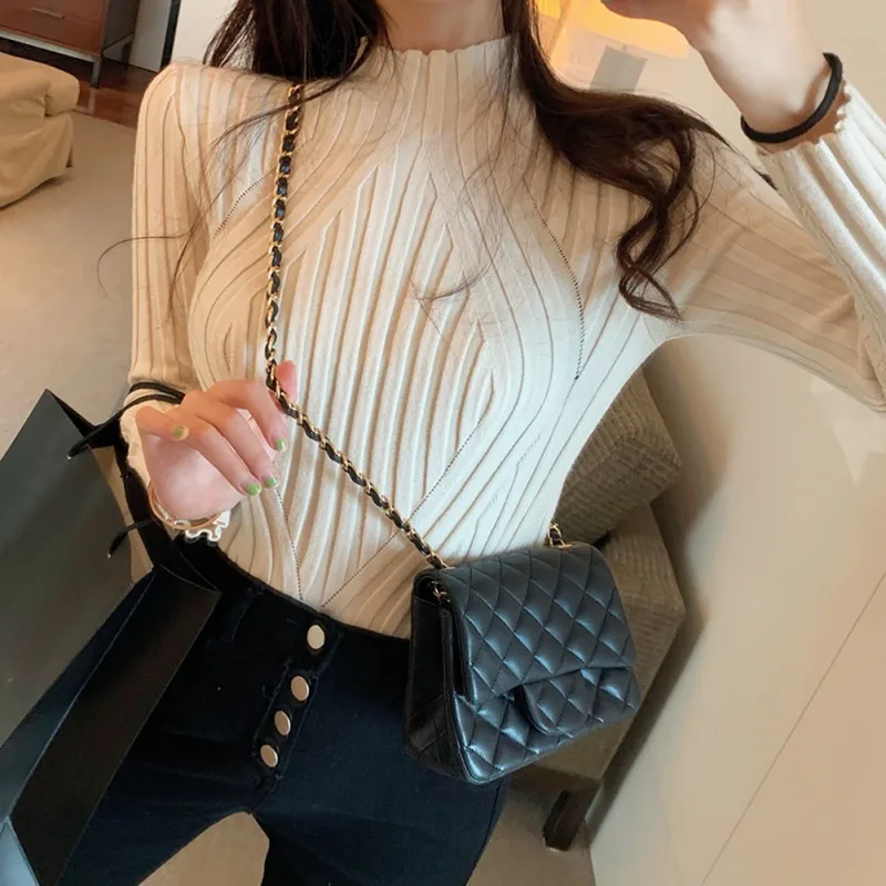

Lady Casual Long Sleeve Half High Collar Slim Bottom Sweater Women Autumn Winter Solid Color Slim Sweaters