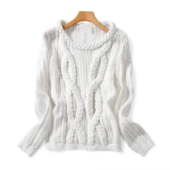 

New Cable Knitted Sweater For Women O-Neck Hollow Out Long Sleeve Pullover Knitwear Tops