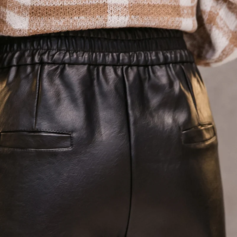 JUJULAND женские свободные брюки из искусственной кожи черные классические зимние широкие брюки повседневные Прямые брюки с высокой талией 7112
