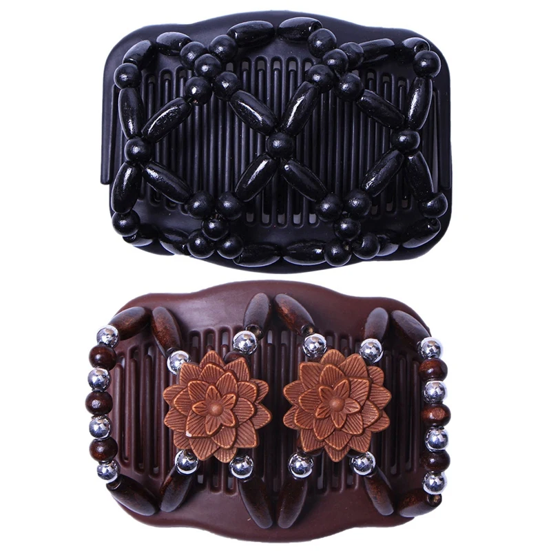 2 Pcs Double Beaded Hair Magic Comb Clip Beads Elasticity Hairpin Stretchy Hair Combs for Women Hair Accessories, Yellow Brown