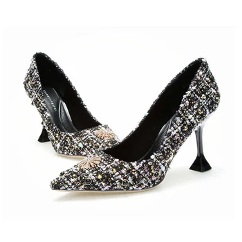 

French fairy high heels 2019 new autumn shoes rhinestone pointed pearl women's shoes shallow mouth rivets stiletto shoes women
