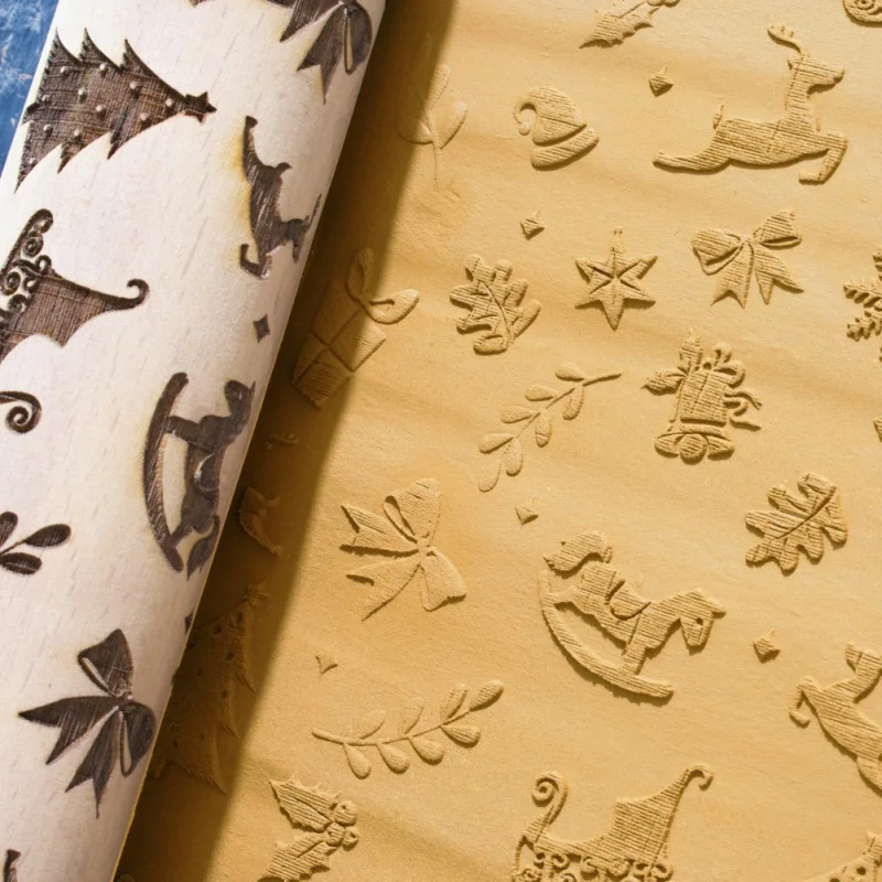 Christmas Embossing Rolling Pin Cake Dough Engraved Roller Snowflake Reindeer for Baking Cookies Noodle Biscuit Fondant Tools