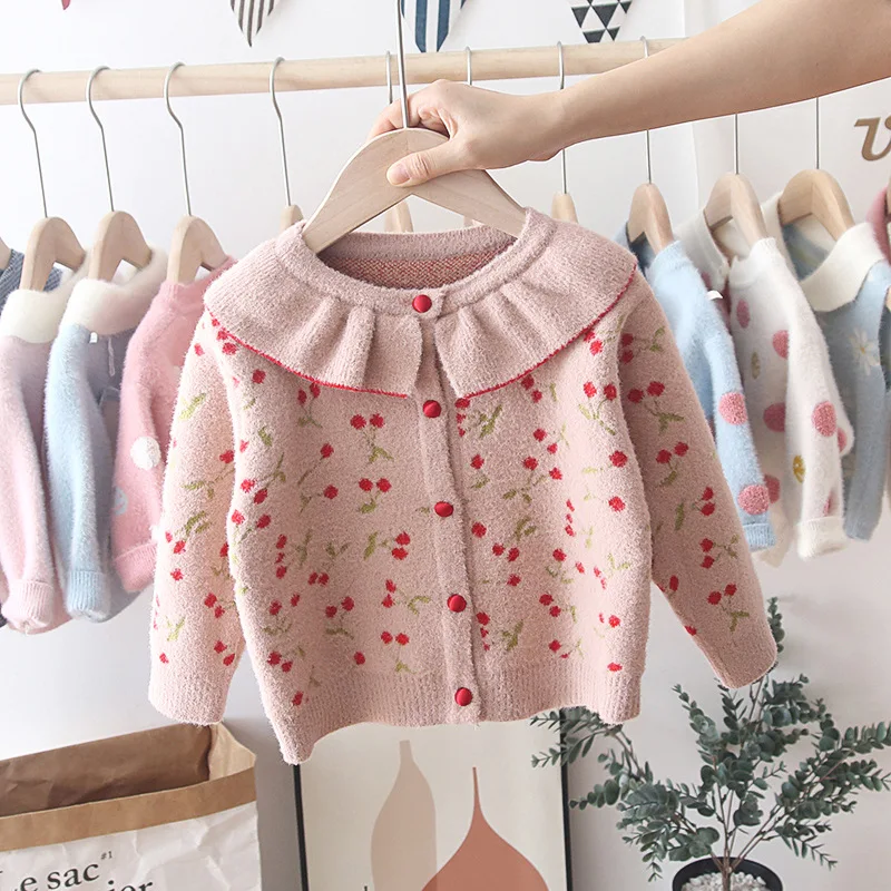 Корейская осенне-зимняя детская одежда Детский свитер Вишневый кардиган пальто для девочек