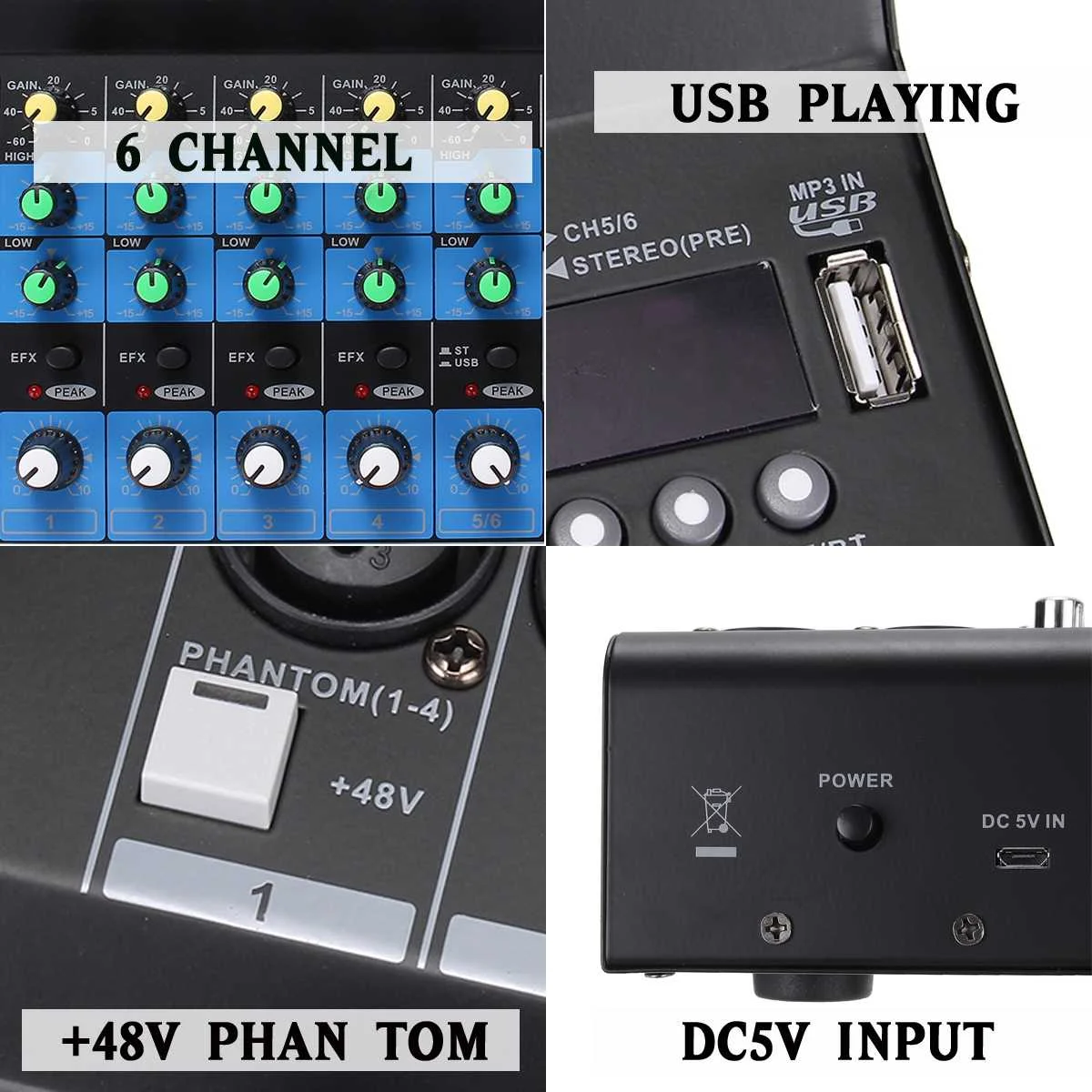 CLAITE 6-Каналы DJ микшерная консоль звукомикшер Караоке-плееры Bluetooth w/USB MP3 Джек 48V усилитель караоке матч