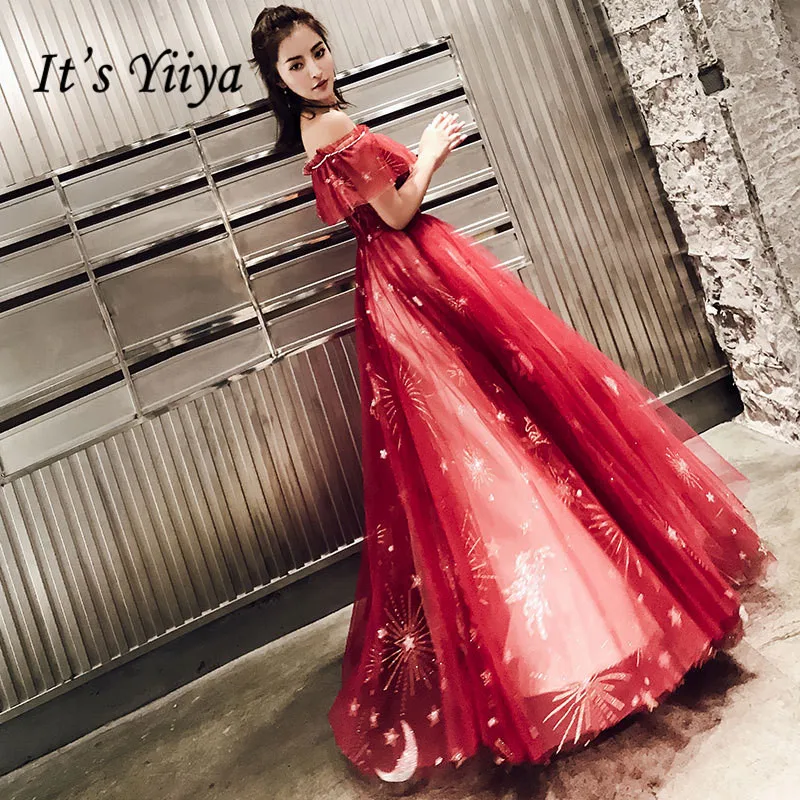 

Burgundy Vestidos De Fiesta It's Yiiya R291 Boat Neck Ruffles Evening Gowns For Women Off Shoulder Print Long Robe De Soiree