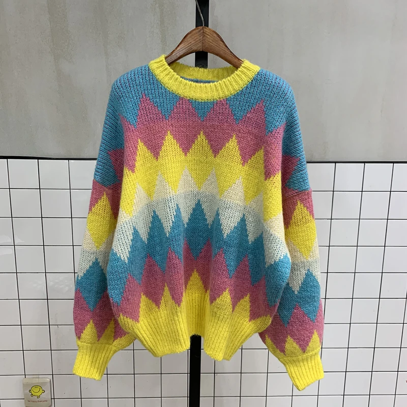 XIBUSANA 2020 Autumn Winter New Patchwork Sweaters Women Long Sleeve Cotton O-Neck Casual Pullovers Rhombus Rainbow Tops Female