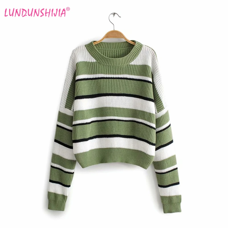 

LUNDUNSHIJIA Sweaters Women 2019 Autumn Winter Mint Green Knitted Stripe Short Style Pullovers Tops Female Sweater