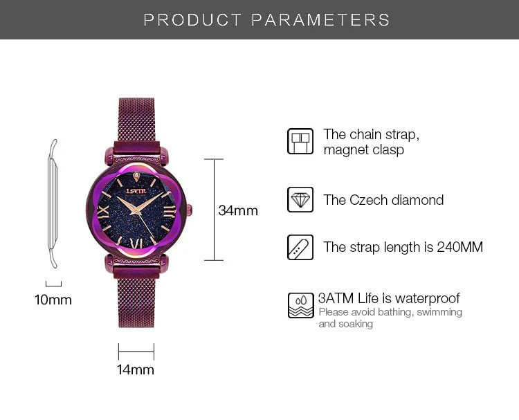 VOHE Роскошные кристаллическая звезда небо женские магнитные часы Фиолетовый Леди стальной ремешок кожанный браслет часы римские цифры