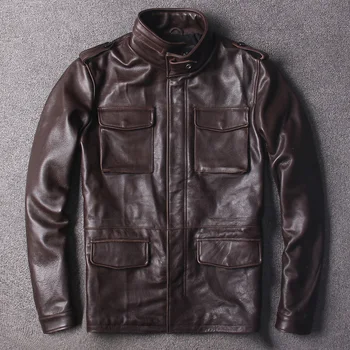 

Free Shipping.classic brown M65 genuine leather jacket,plus size cowhide safari style long coat,quality warm jackets
