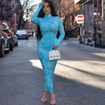 

Echoine turtleneck Midi Dress Women Sexy Ruched Pleat Dye Tie Print Skinny Bodycon Party Dresses Club Outfits Vintage Vestidos