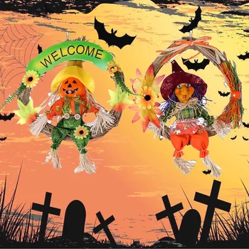 

Besegad Halloween Scarecrow Hanging Wreath Ornament Broom Girl Witch Decoration Ornament Props Supplies for Party Haunted House