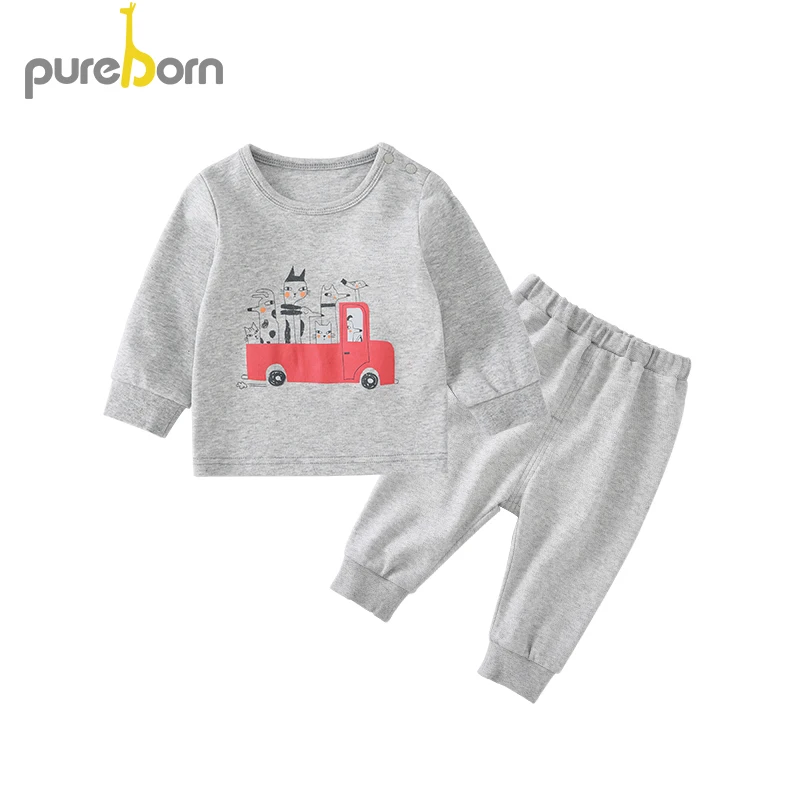 Pureborn Комплект белья для малышей Пижама для новорожденных хлопок длинный рукав комплект одежды для детей футболка+ брюки 2 шт. одежда унисекс