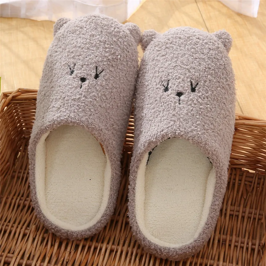 Cute Bear Cotton Slippers Women's Winter House Fur Slippers Slip-On Anti-Skid Female Flat With Soft Sole Shoes Snow Slippers 70