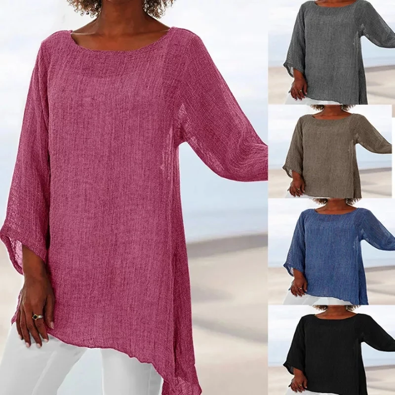 Blusa de manga larga de las mujeres de talla grande de camisa negra Casual O cuello Retro mujer túnica de lino de algodón y blusas Tops para mujer
