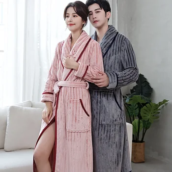 

Nightgown Men Robe Flannel Bathrobe Thick Lovers Sleepwear Winter Warm Stripe Kimono Bath Gown Coral Fleece Sexy Nightdress