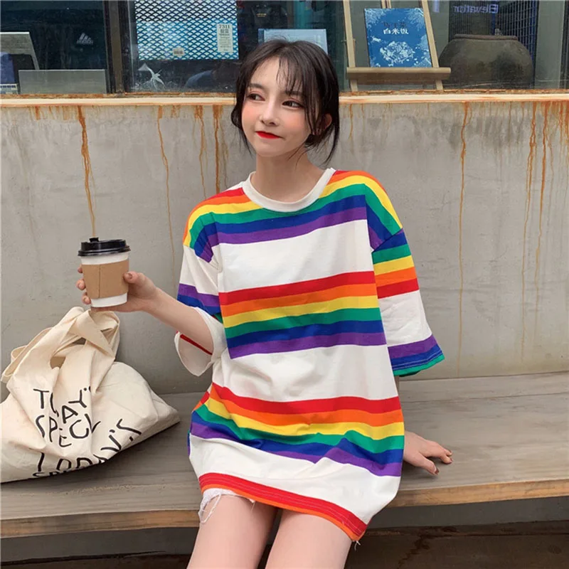 Rainbow T Shirt Women Striped Kawaii Clothes Harajuku Korean Style  Streetwear Aesthetic Long Sleeve Fall Roupas Feminina O Neck